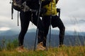 Hiking together. Woman and man. Majestic Carpathian Mountains. Beautiful landscape of untouched nature Royalty Free Stock Photo