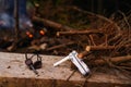 Hiking tool. Pocket tool. Light a fire in the forest. Outdoors.