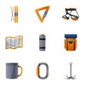 Hiking tools icon set, cartoon style