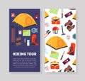 Hiking Tour Card Template with Place for Text and Expedition Equipment Pattern, Hiking, Camping and Mountaineering