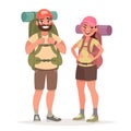 Hiking tourist couple. Man and Woman with large backpacks in the