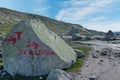 Hiking tourist rout sign to Trolltunga rock, Norway Royalty Free Stock Photo