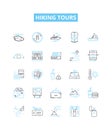 Hiking tours vector line icons set. Hiking, Tours, Trails, Trekking, Backpacking, Adventures, Outdoors illustration