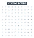 Hiking tours vector line icons set. Hiking, Tours, Trails, Trekking, Backpacking, Adventures, Outdoors illustration