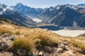 Hiking track in Mount Cook National Park with view of Mt Cook, Hooker valley and glacial lakes, New Zealand