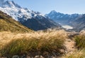 Hiking track in Southern Alps with view of Mt Cook and Hooker valley in Mount Cook National Park, New Zealand Royalty Free Stock Photo