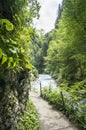 Hiking trail along the mountain river on natural background