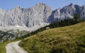 a hiking trail through the alpine landscape of the Dachstein region in Styria in Austria (Neustatt Alm in Austria) Royalty Free Stock Photo