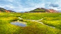 Hiking trail in beautiful colorful volcanic mountains Landmannalaugar in Iceland Royalty Free Stock Photo