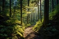 hiking trail through a dense forest with sunlight peaking through