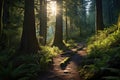 hiking trail through a dense forest with sunlight peaking through