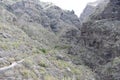 Hiking trail at the famous canyon Barranco del Infierno in Adeje in the South of Tenerife with many cacti in front