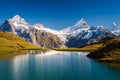 Encountering Bachalpsee when hiking First to Grindelwald Bernese Alps, Switzerland. Royalty Free Stock Photo