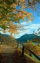 hiking trail in golden autumnal landscape, lake schliersee, bavaria