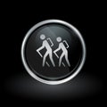 Hiking trail icon inside round silver and black emblem