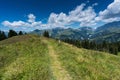 Hiking trail leading along a crest off a grassy hill with a great mountain landscape view behind in Switzerland Royalty Free Stock Photo