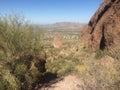 Hiking a Trail in Lost Dutchman State Park, View of East Valley Royalty Free Stock Photo