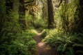 hiking trail through lush, green forest with tall trees Royalty Free Stock Photo