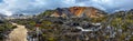 Hiking trail and a marker in beautiful colorful volcanic mountains Landmannalaugar in Iceland, summer time Royalty Free Stock Photo