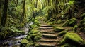 hiking trail meandering through lush rainforest, Generative AI