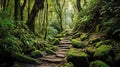 hiking trail meandering through lush rainforest, Generative AI