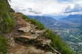 hiking trail over alpine valley of city Merano surrounded by Texel group mountains (Oetztaler Alps, South Tyrol, Italy)