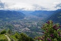 hiking trail over alpine valley of city Merano surrounded by Texel group mountains (Oetztaler Alps, South Tyrol, Italy)