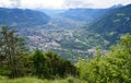 hiking trail over alpine valley of city Merano surrounded by Texel group mountains (Oetztaler Alps, South Tyrol, Italy)