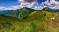 Hiking trail overlooking the mountain peaks of the hills. Walkway leading to a grassy hill with a mountain pine Pinus mugo. Royalty Free Stock Photo