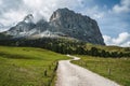 Hiking trail in Sassolungo Langkofel landscape during summer season hiking trip. Val Gardena Dolomites in summer