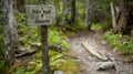 Confusing trail sign on forest path in lush woodland setting,Opposite Day