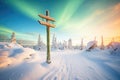 a hiking trail signpost in snowy terrain under aurora sky