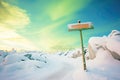a hiking trail signpost in snowy terrain under aurora sky