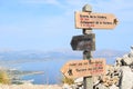 Hiking trail signs and Pollensa Bay near Alcudia on Mallorca