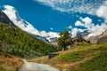 Hiking trail on the slope and misty Matterhorn in background Royalty Free Stock Photo