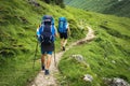 Hiking trail in Svaneti region, Georgia. Two hikers men walk on trek in mountain. Tourists with backpacks hike in highlands