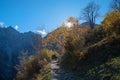 Hiking trail to falkenhuette in the karwendel alps, autumnal scenery Royalty Free Stock Photo