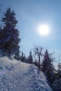 Snowy hiking trail during winter leading to the highest mountain of Beskydy, Lysa Hora, Czech Republic Royalty Free Stock Photo