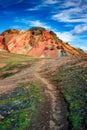 Hiking trail to the recently erupted volcano in colorful rainbow volcanic Landmannalaugar mountains, near famous Laugavegur hiking