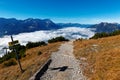 Hiking trail on top of Mount Wank on a brisk autumn day with a beautiful panorama of Mountain Zugspitze above sea of clouds under Royalty Free Stock Photo