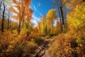 hiking trail through a vibrant fall forest, with golden leaves and blue skies Royalty Free Stock Photo