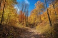 hiking trail through a vibrant fall forest, with golden leaves and blue skies Royalty Free Stock Photo