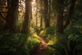 hiking trail winding through magical forest, with sunlight filtering through the trees