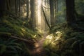 hiking trail winding through magical forest, with sunlight filtering through the trees