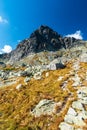 Hiking trail from Zbojnicka chata to Priecne sedlo in High Tatras mountains in Slovakia Royalty Free Stock Photo