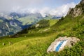 Hiking trails on the Swiss Alps, marked by a blue and white bars require special gears