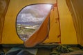 Hiking travel concept of summer vacation. View from tent - beautiful landscape of mountain nature