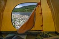Hiking travel concept of summer vacation. View from tent - beautiful landscape of mountain nature