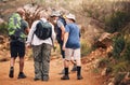Hiking, Travel And Walk With Old Men On Mountain For Fitness, Trekking And Backpacking Adventure. Explorer, Discovery