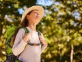 Hiking, Travel And Woman Backpacking In The Forest For Outdoor Wellness, Adventure Or Eco Friendly Lifestyle. Breathing